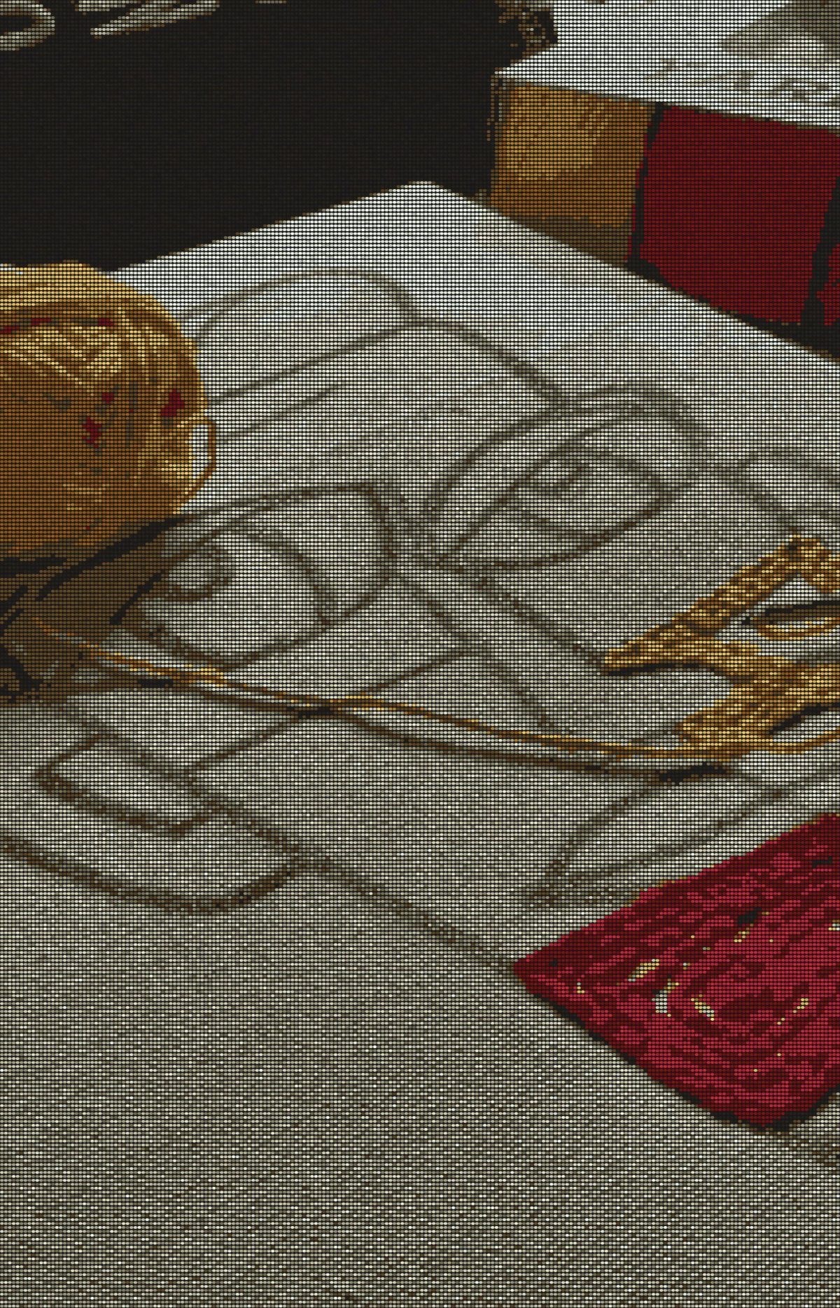 Gold and red punch-needle face emerging from a drawn canvas