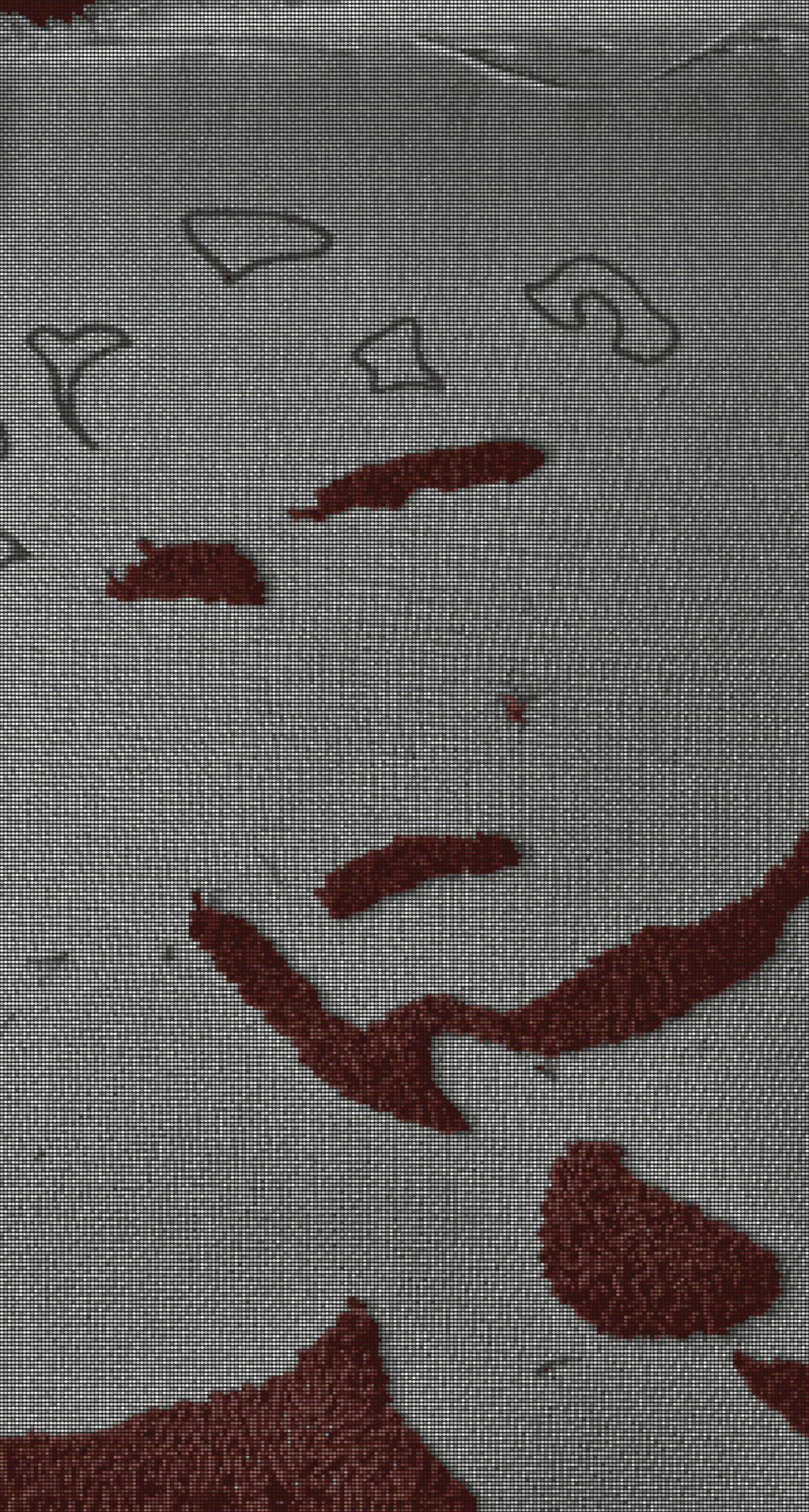 Rust-coloured punch-needle fragments on canvas