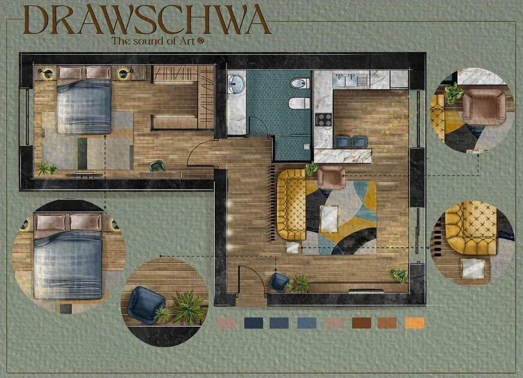DRAWSCHWA rendered apartment floor plan with furniture details and palette