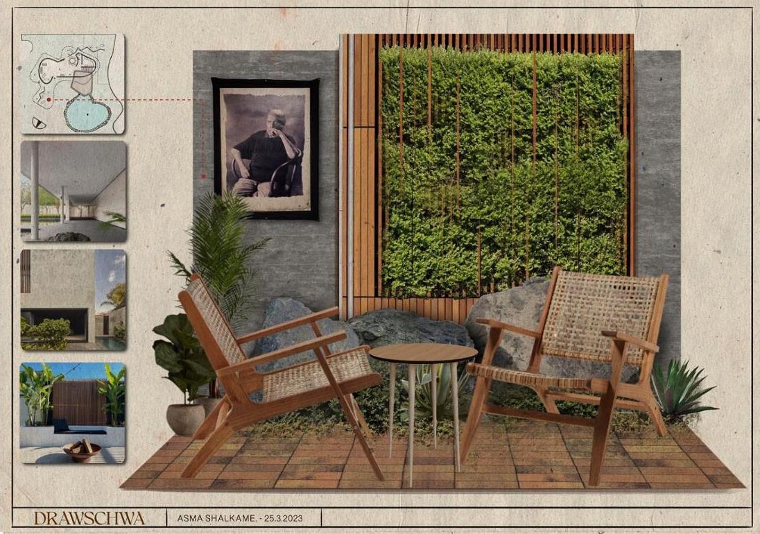DRAWSCHWA courtyard board: green wall, rattan chairs and site references