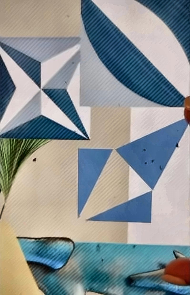 Blue and white geometric painting with star forms
